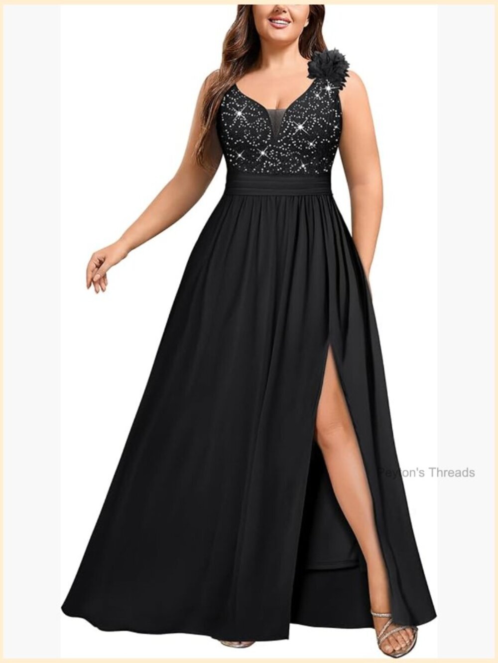 Plus Size Sequin Lace V Neck Sleeveless Slit Formal Maxi Dress
